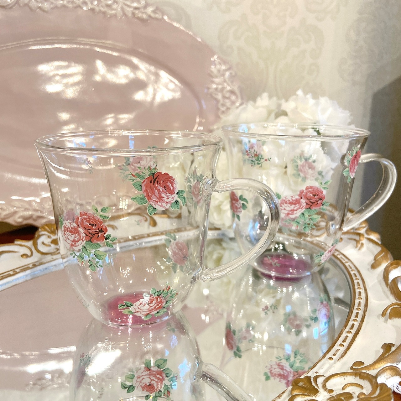 ローズガラスマグ　耐熱ガラス