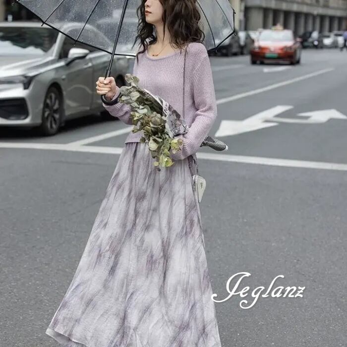 セットアップ 2点 ニット 長袖 トップス マキシ スカート エレ派(MB589)λ