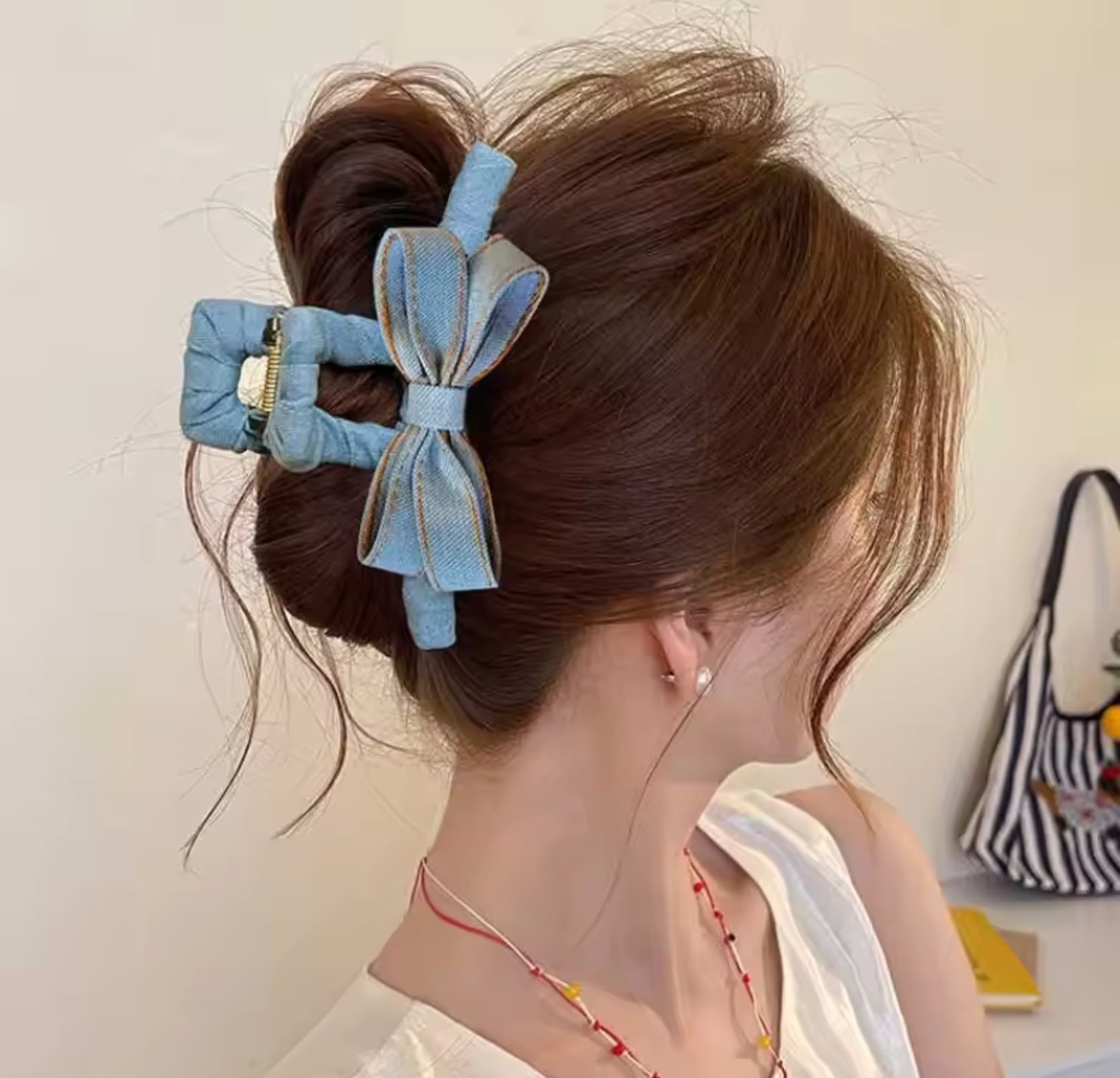 デニムリボン型ヘアクリップ ライトブルー Denim ribbon hair clip