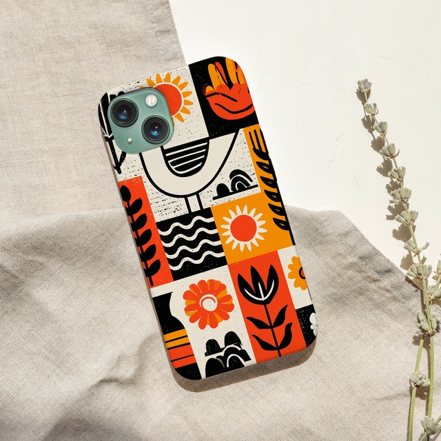 受注生産 iPhoneケース 太陽と花の白背景フォーク柄｜フォークアート FMSY019B