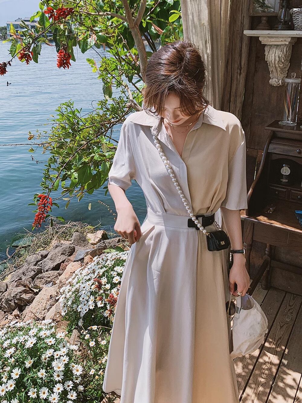 きれいめアイボリーベージュロングワンピース | 韓国/ワンホン  