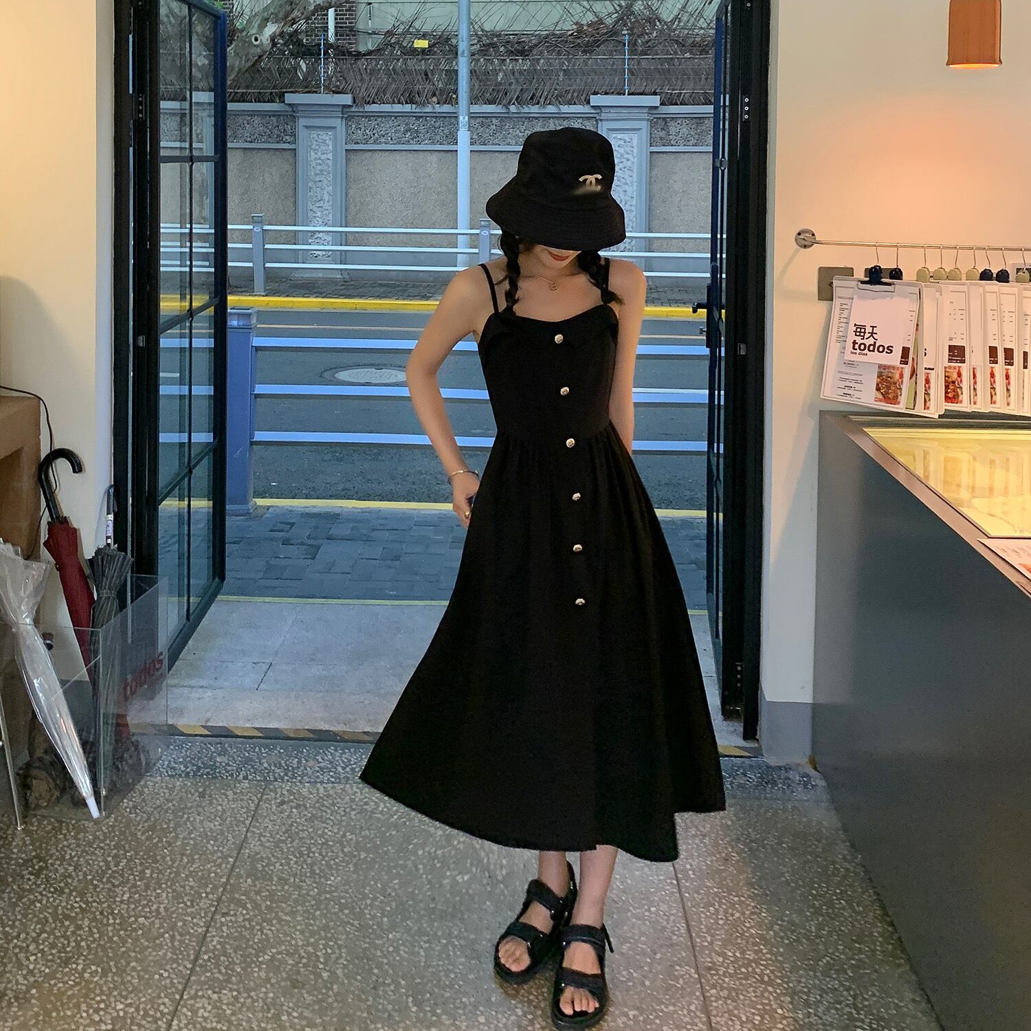 ブラックサマードレス ロング 夏物 HUCHUJING59363217804