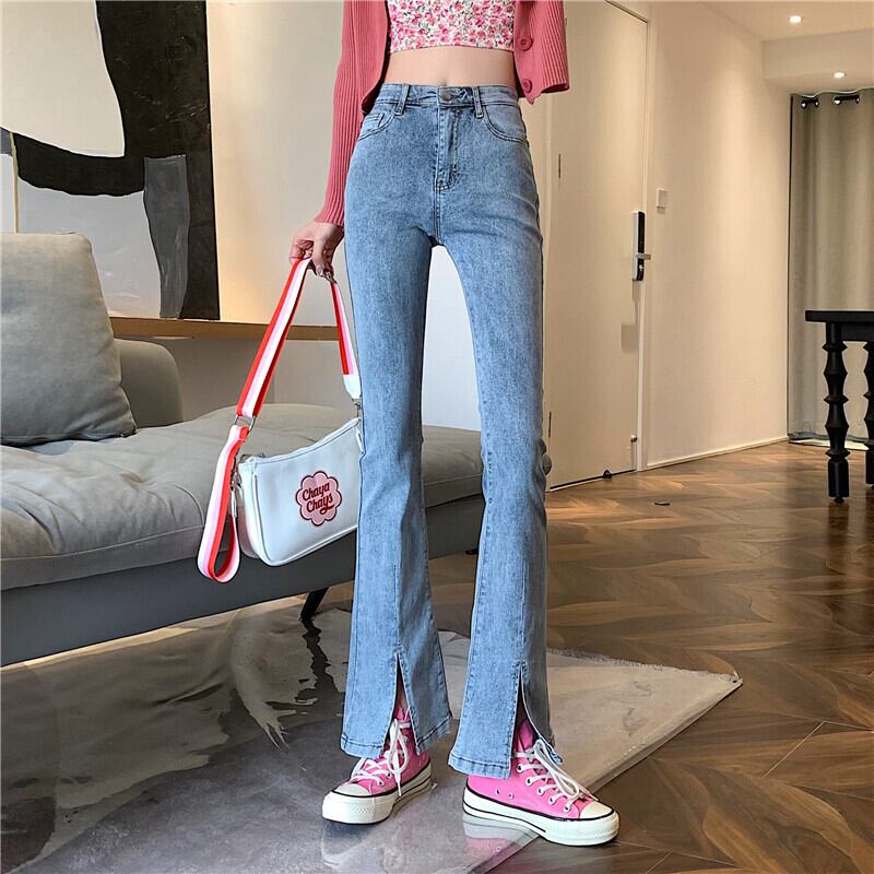 スプリングオータムジーンズ ハイウェストロングパンツ レッド 春物 秋物 1号婦人28970062023