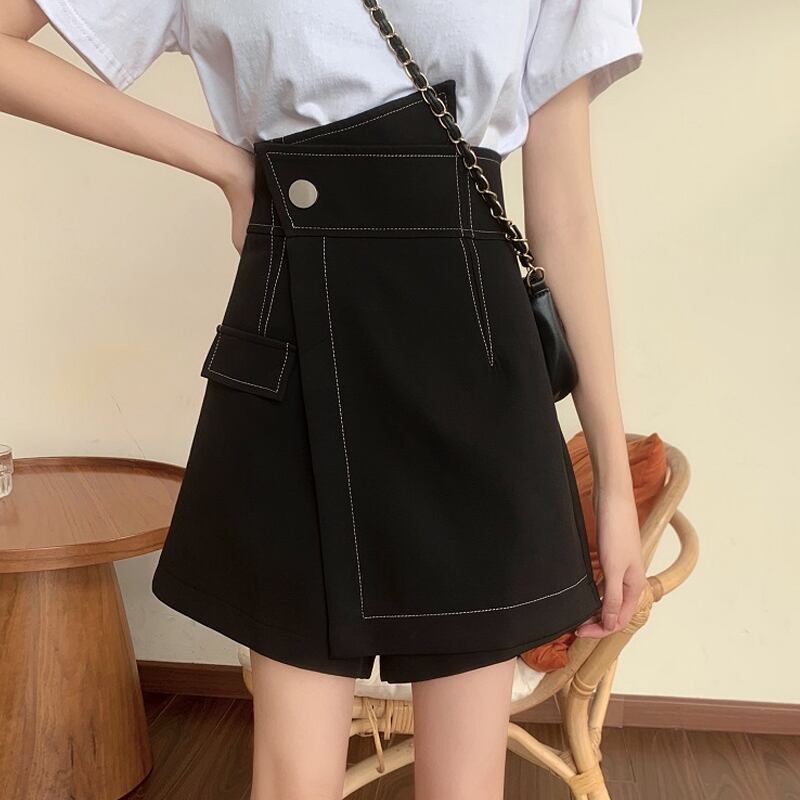 ブラックスカート レディースサマー薄手ハイウェストウェストAラインショート 夏物 試着室24075929010