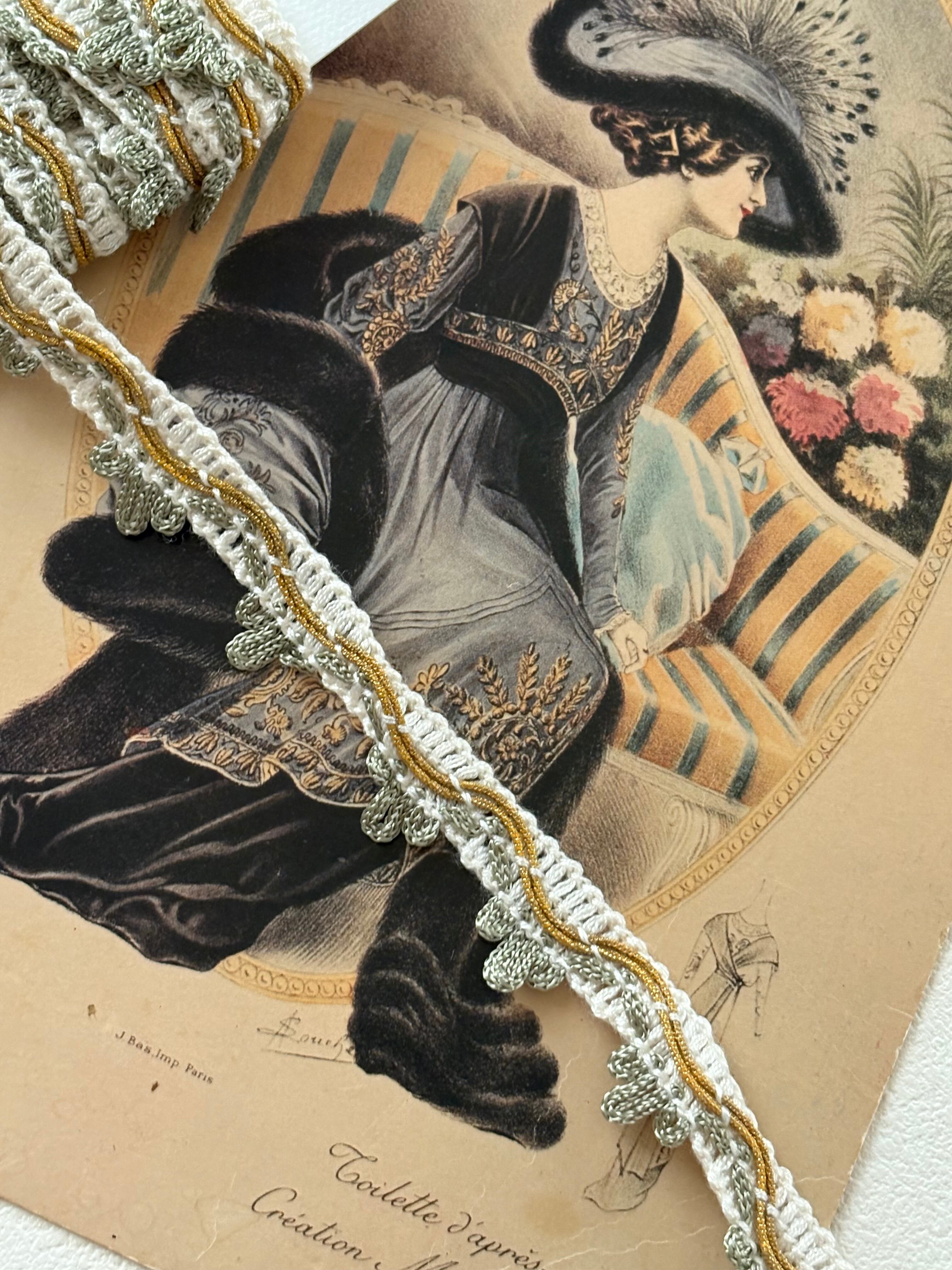 フランスVintageブレード 17mm セイジグリーン×ゴールド×オフホワイト カルトナージュ デコレーション材 50cm単位