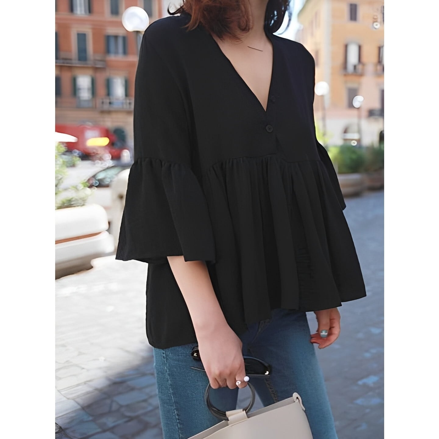 Vネック ギャザーフレアブラウス RA3203