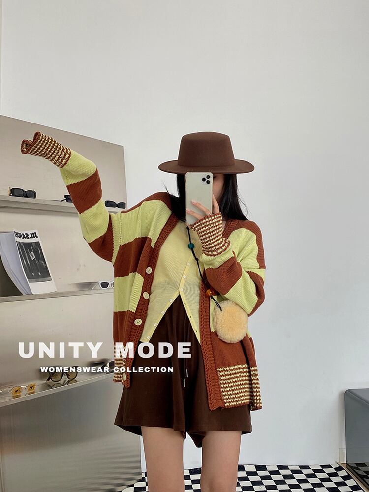 セーター ジャケット オータムスタイルルーズストライプ長袖スリーブVネックカーディガン ロング 秋物 ビッグFスモールZ韓国10874397623