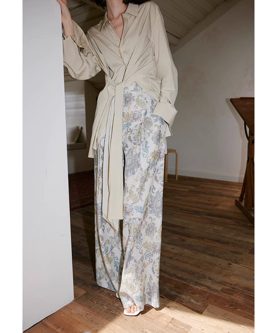 リネン混◆プリントワイドパンツ【p-20131】