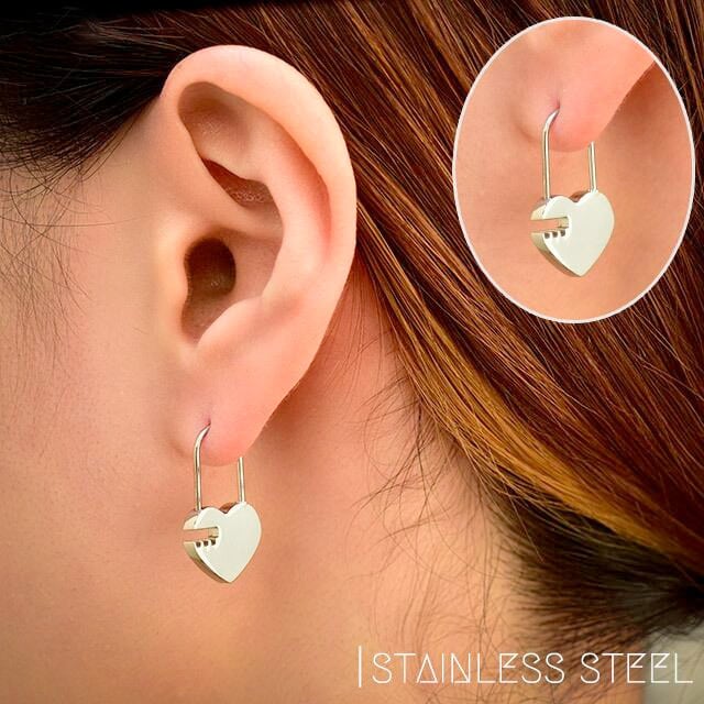 18G ギザ ハート 南京錠 リングピアス 耳たぶ 軟骨ピアス ピアス