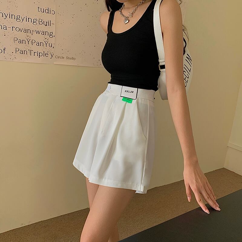 ウェストワイドレッグカジュアルパンツ レディースサマー薄手ホワイトAラインショーツ ルーズ 夏物 ブルマー ワイドパンツ ブラックストロベリース95168277292