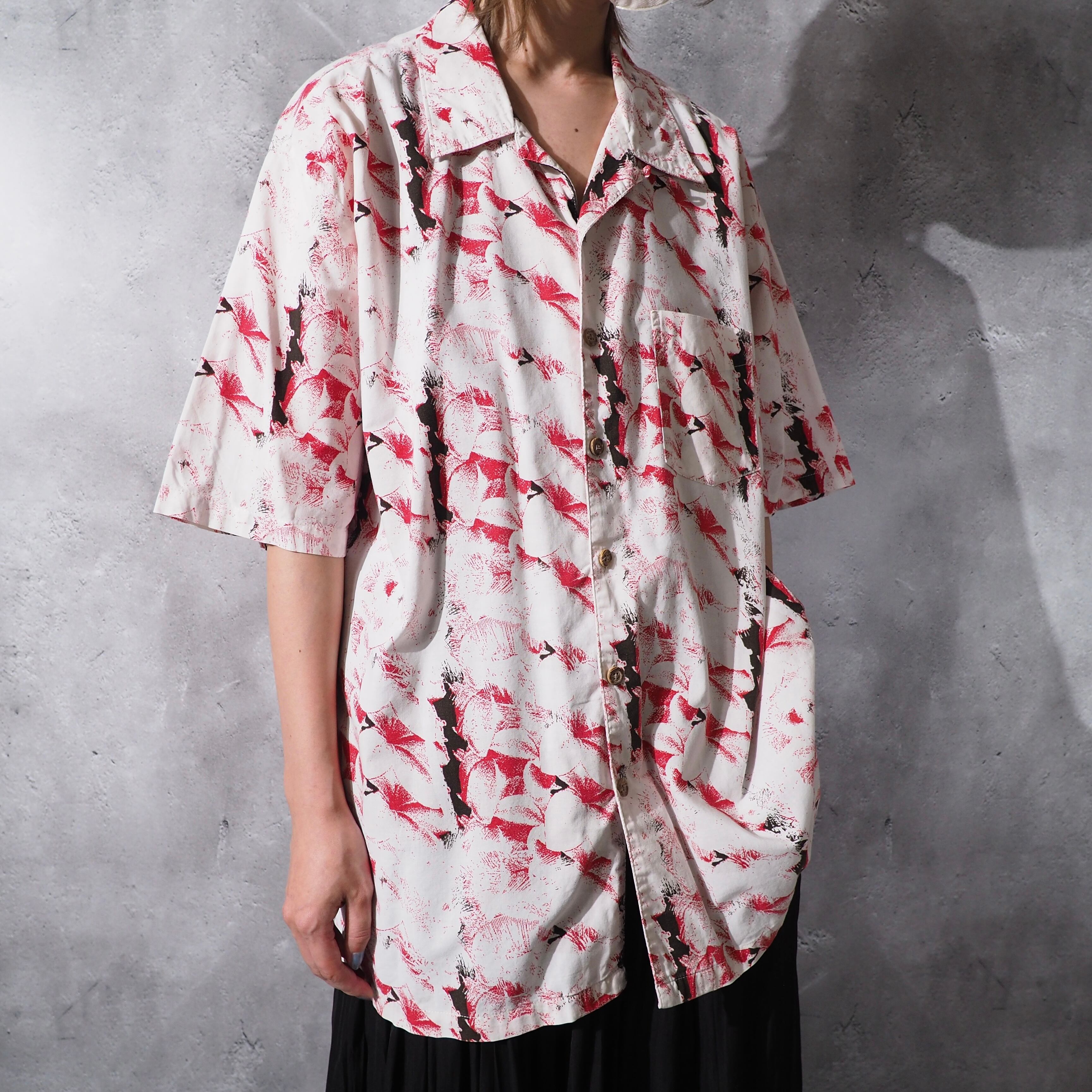 1990s Bewitching dark flower printed vintage open collar shirt