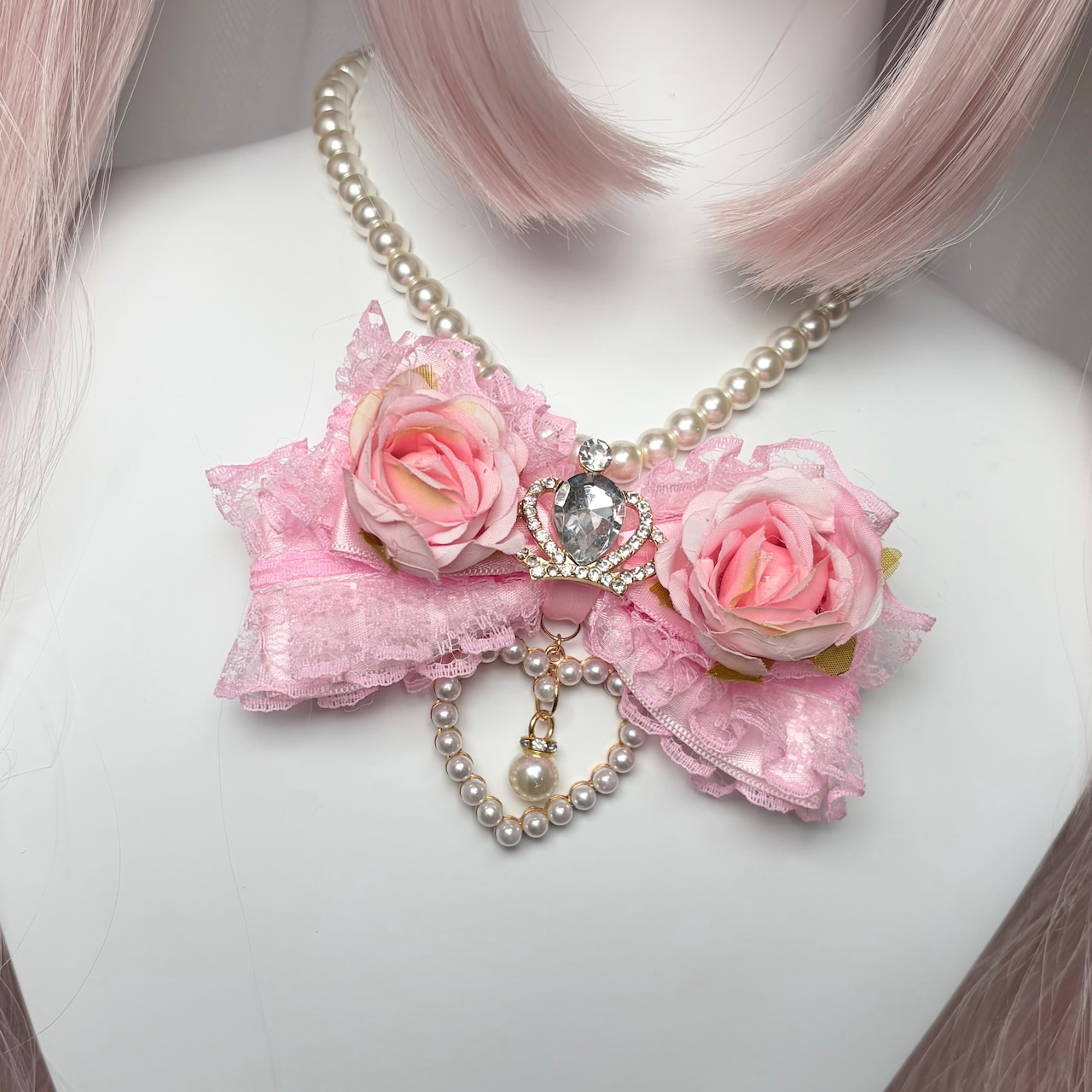 ♡【全2色】姫GAL 薔薇付き クリスタルビジューティアラ&パールドロップ フリルリボンネックレス pink ♡