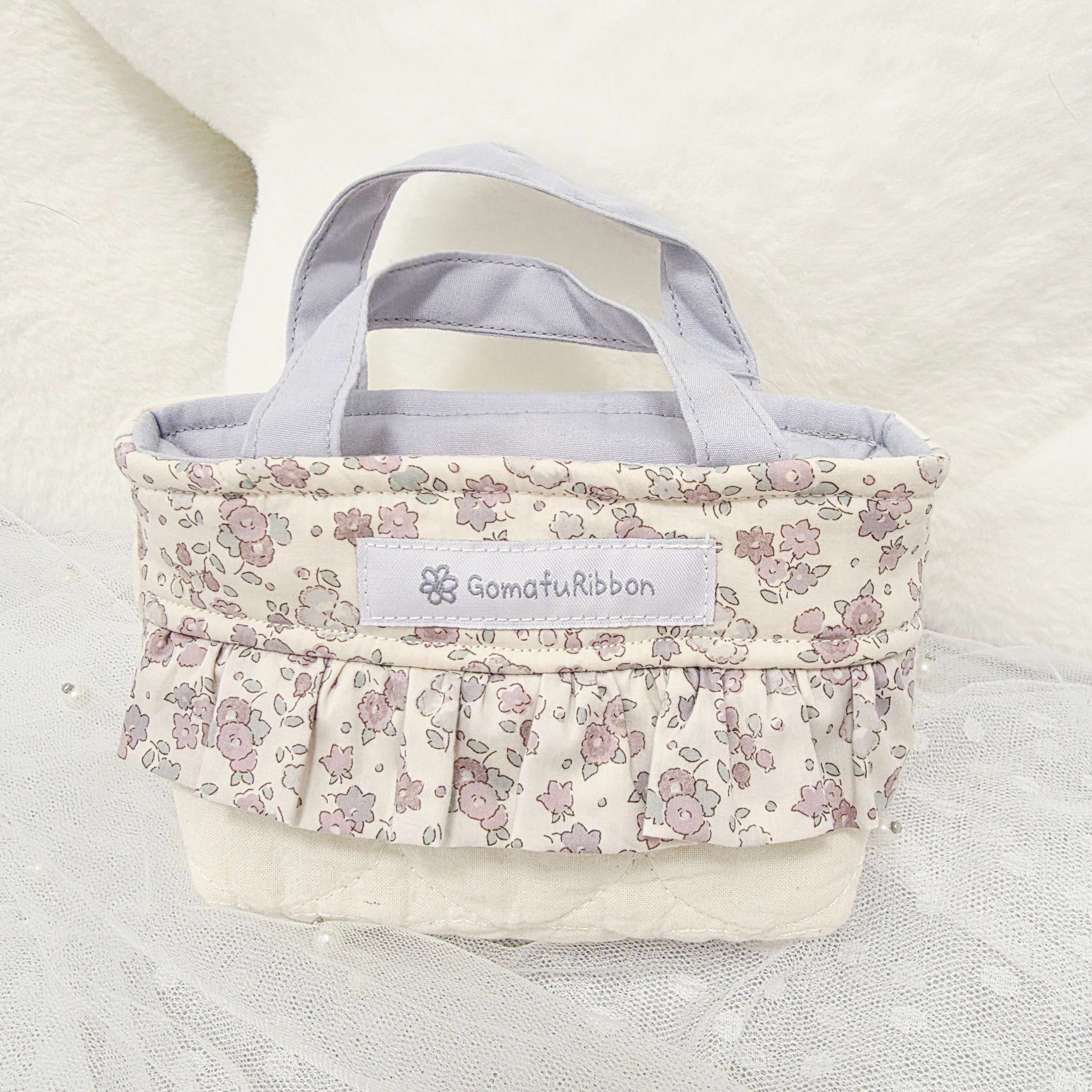 ハートキルティングとリバティのトートバッグ型ポーチ ライラック