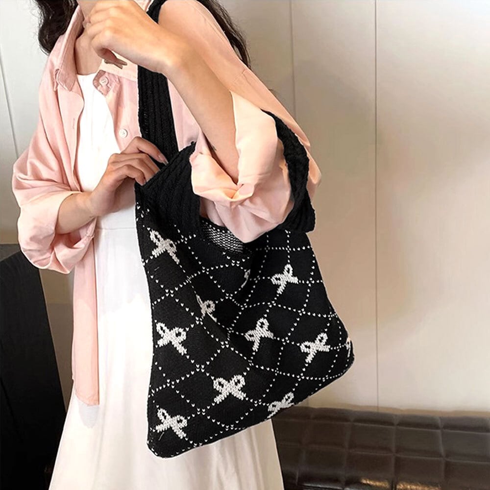 リボン柄 ニット トートバッグ レディース 韓国 大容量 大人 かわいい おしゃれ 通勤 通学 エコバッグ 折り畳み 軽量 A4 きれいめ カジュアル 大人可愛い 大人女子