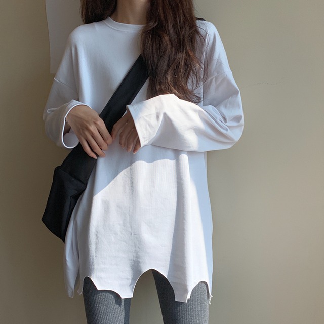 レッドスプリングカジュアルTシャツ シャツ ルーズラウンドネックホワイトプルオーバー ロング 春物 Oネック ケッペル31006127271