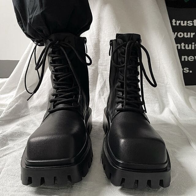 編み込みデザイン ブラックハイカットブーツ 22.5cm ～ 25.0cm 