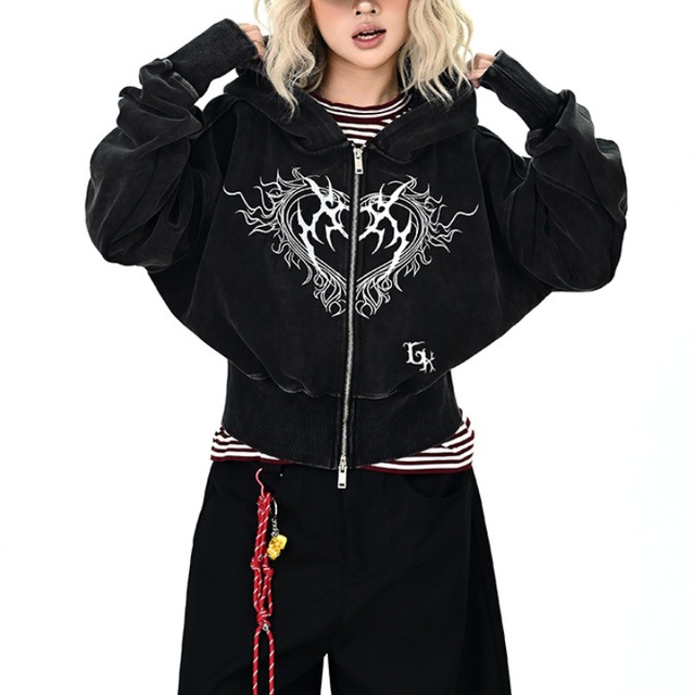 dark heart cropped zip-up hoodie　ダークハートクロップドジップアップフーディー　J1365