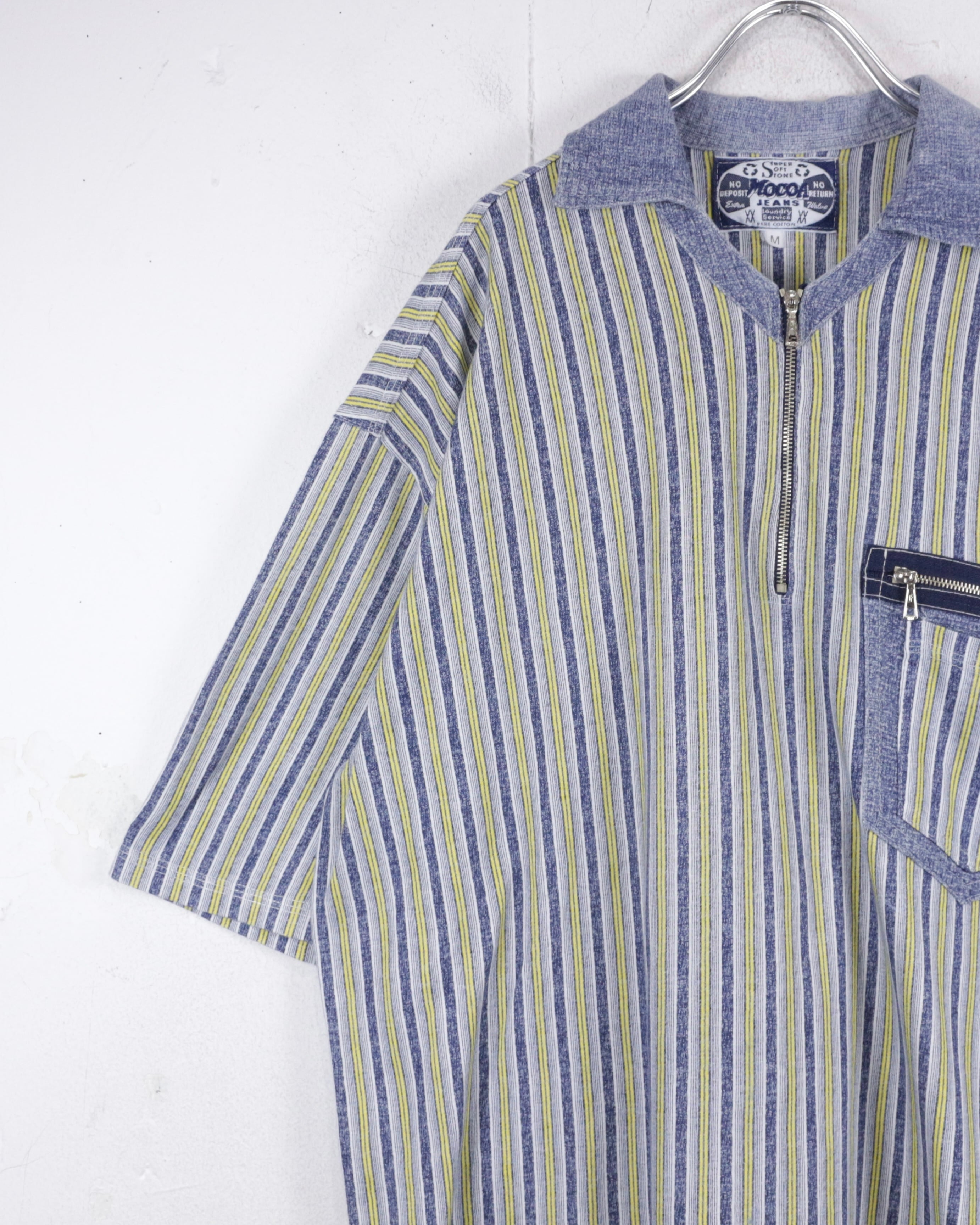 Caka act2】Multiple Color Horizontal Stripe Vintage Half Zip S/S