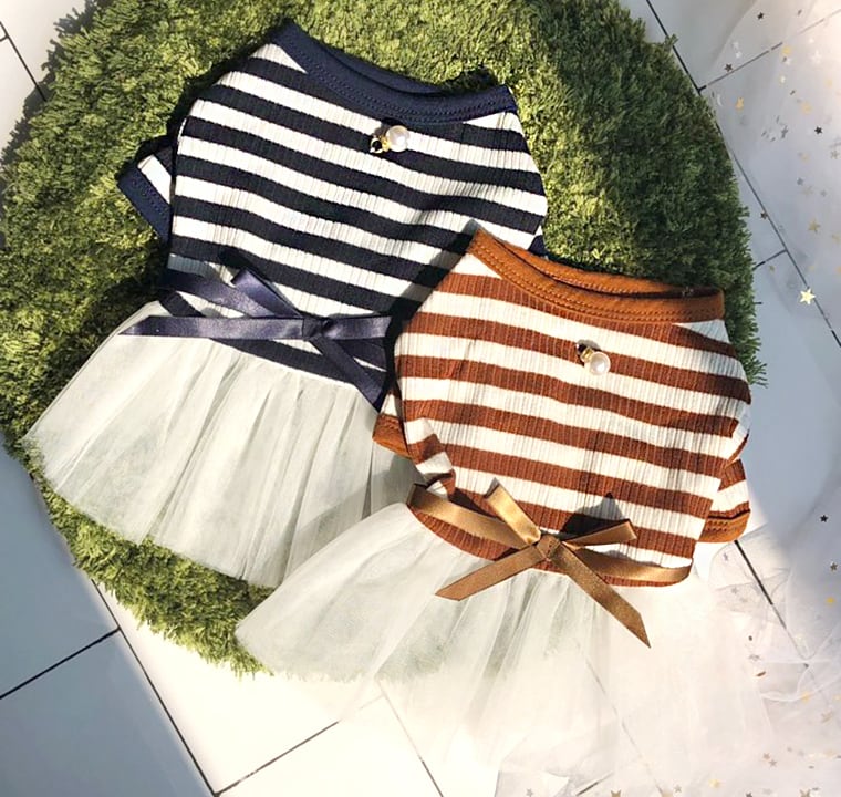 【SALE】ボーダーリボンチュールワンピース XS ~ XL 2color / 犬服 犬の服 犬 ドッグウェア 小型犬 中型犬 ペット洋服