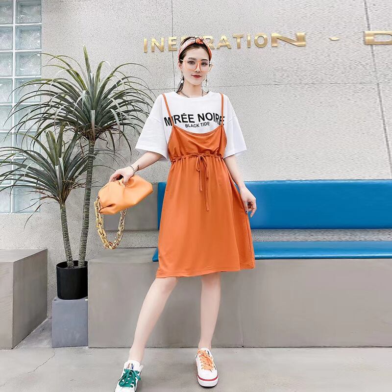 カジュアルラウンドネックハイウェストウェストギャザー薄手ドレス 大きめサイズ Oネック ステッチ ミックスインファッション24619555550