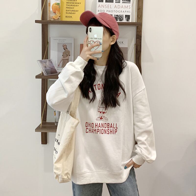 ホワイトラウンドネックセーター ルーズスプリングオータムスタイルトップス 春物 秋物 Oネック スーパーモール89349877158