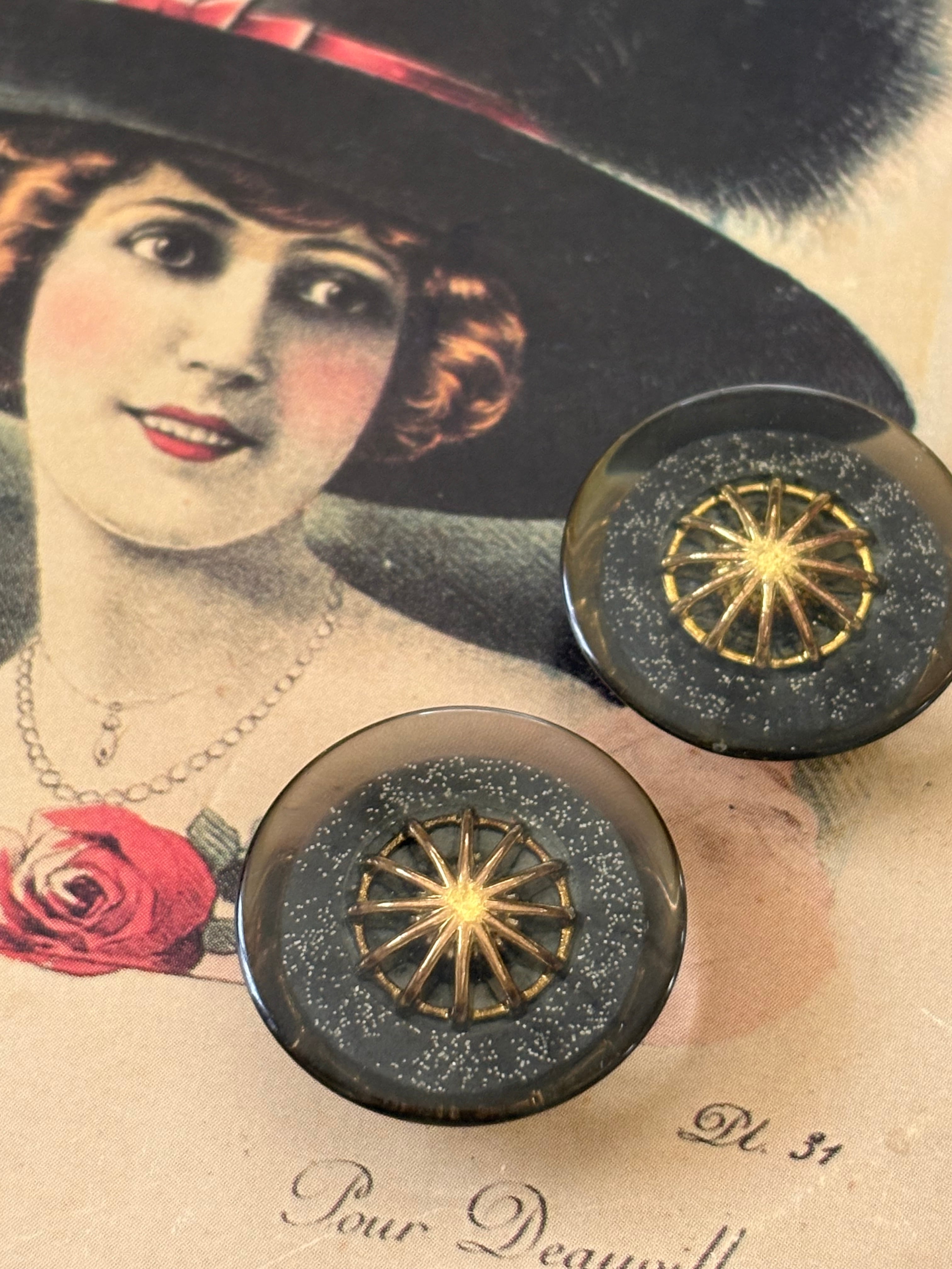 25mm Japanese ヴィンテージボタン グレー系×シルバー×ゴールド グリッター レトロ アクセサリーパーツ 装飾材 カルトナージュ