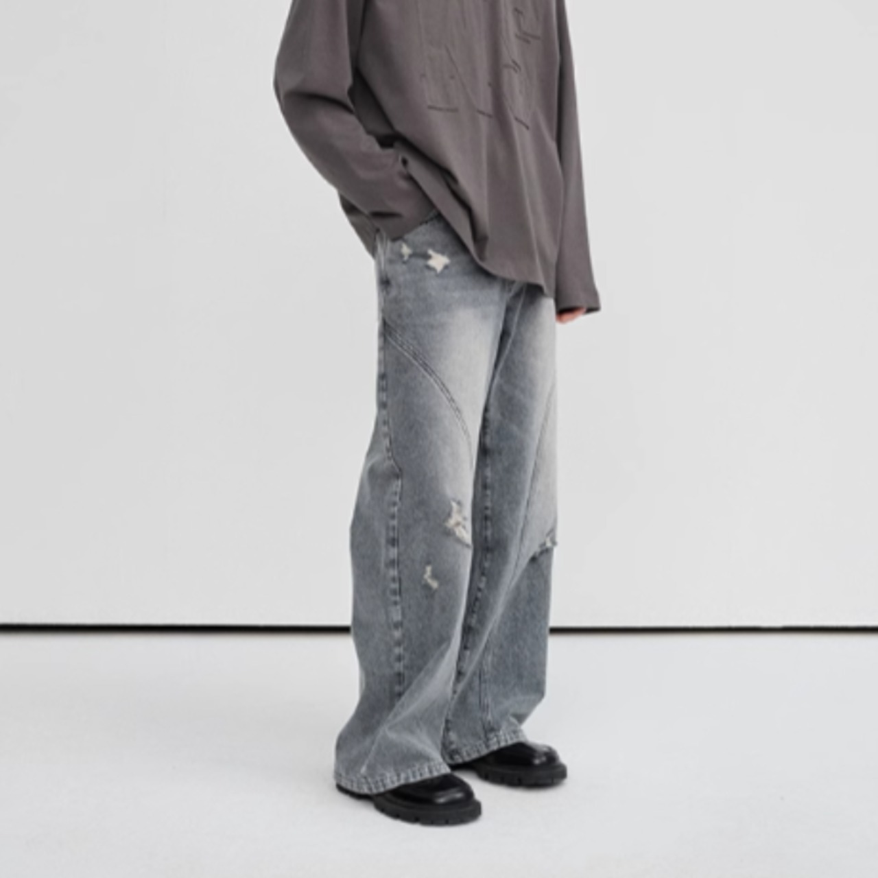 イレギュラークラッシュユーズド調デニム　0895