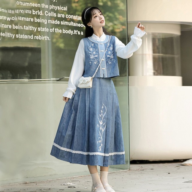 【華ロリ】デニム風 刺繍 セットアップ 中華ロリータ ベスト スカート 3点セット