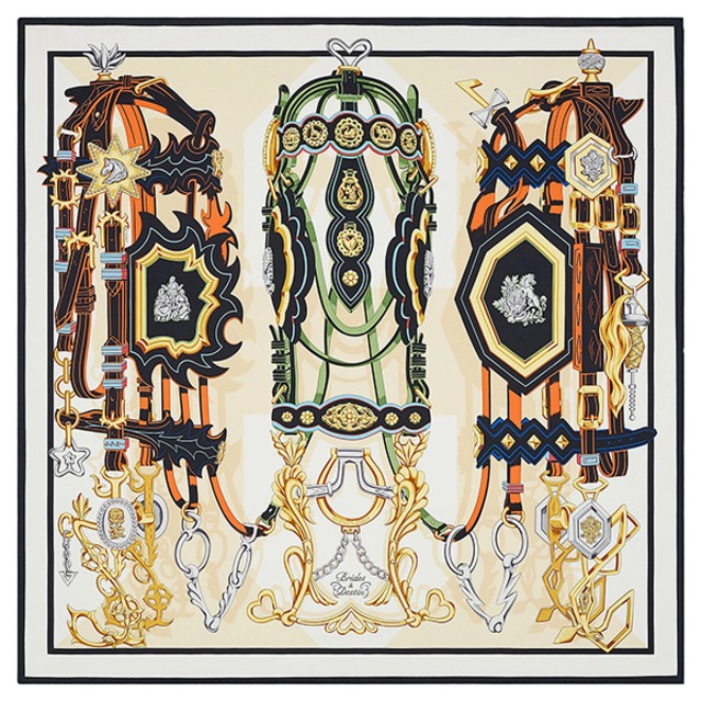 New HERMES エルメス カレ90 スカーフ ブリッドエデスタン 白 マリン マルチカラー ストール バンダナ 大判 新品