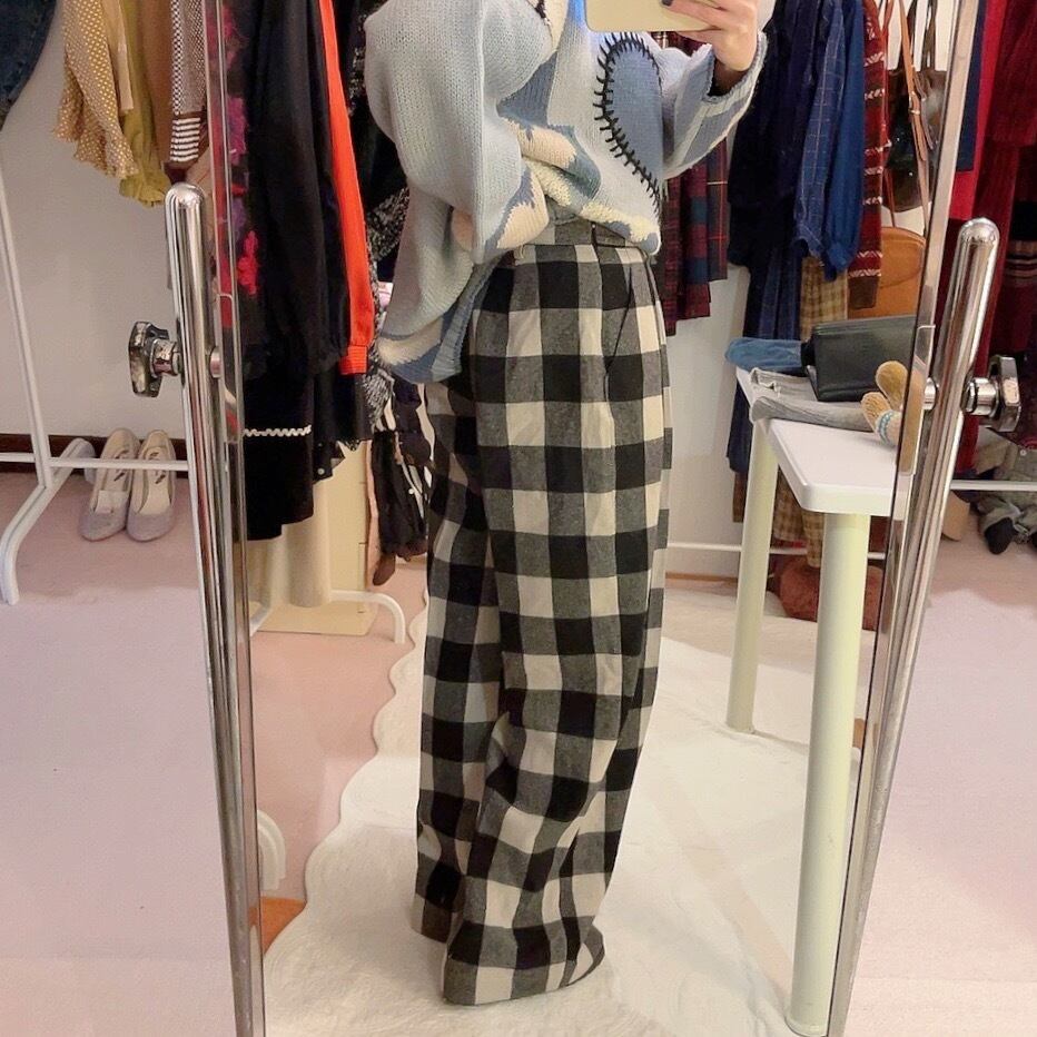block check wool wide pants