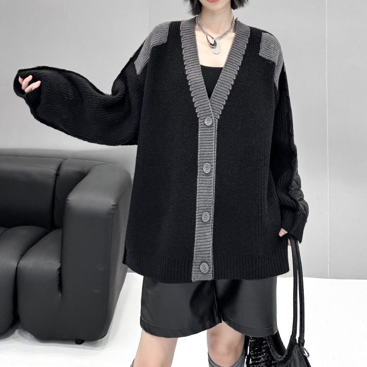 QUILTING STITCH V-NECK KNIT CARDIGAN JACKET 1color M-15325