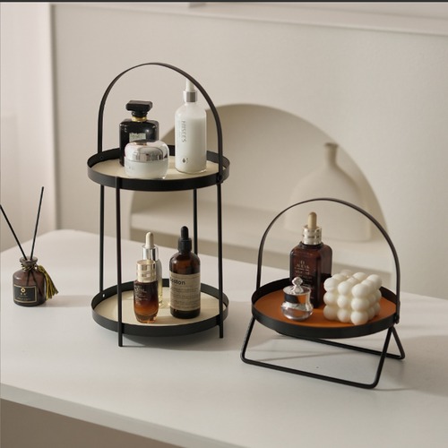 2段 メタル ラック 持ち手付き 収納 スタンド アフタヌーンティー スタイル 円形 トレイ スキンケア 化粧品 整理 おしゃれ モダン インテリア 小物入れ 卓上収納