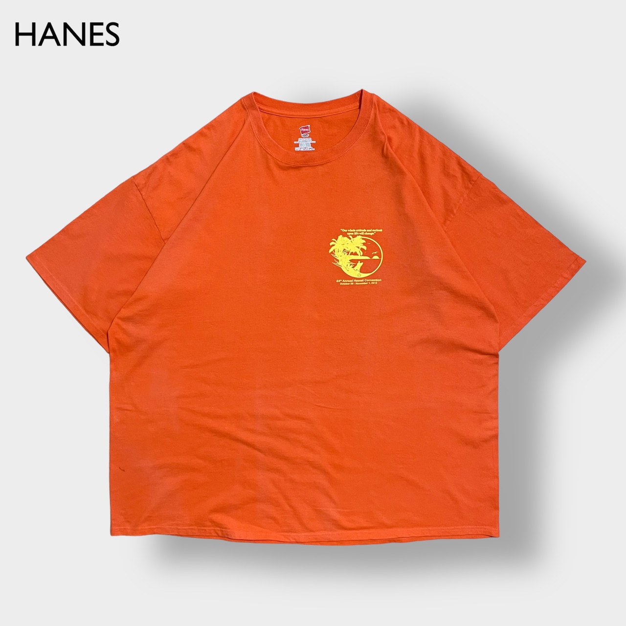 【HANES】3XL ビッグサイズ ハワイ サーファー ワンポイント ロゴ Tシャツ バックプリント オレンジ 半袖 us古着