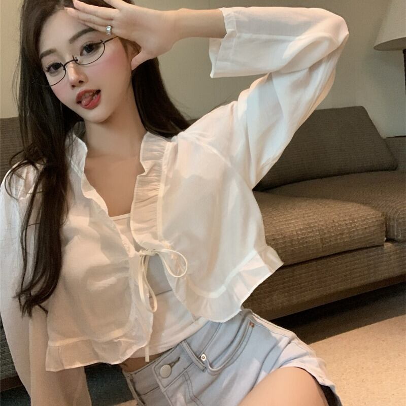 シャツ サマーショートジャケット トップス ロング リボン 大人ガーリー スウィート キュート カジュアル 夏物 ブラックストロベリース10608344677