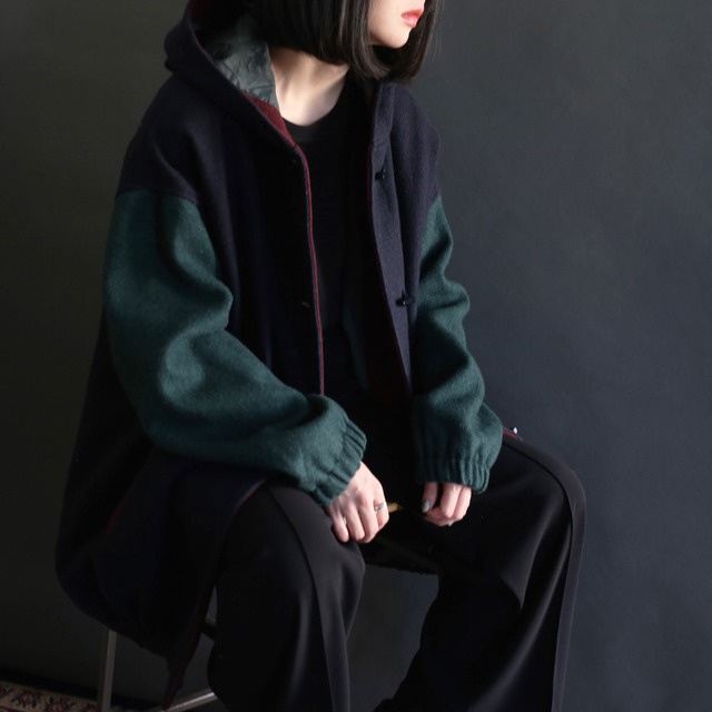 switching design hooded wool coat