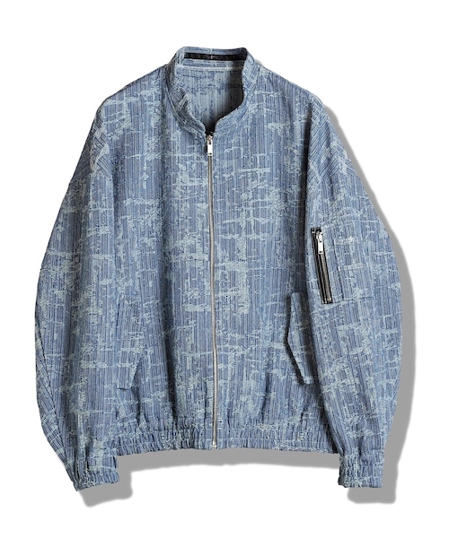 Jacquard Denim Big Band Collar Blouson Blue