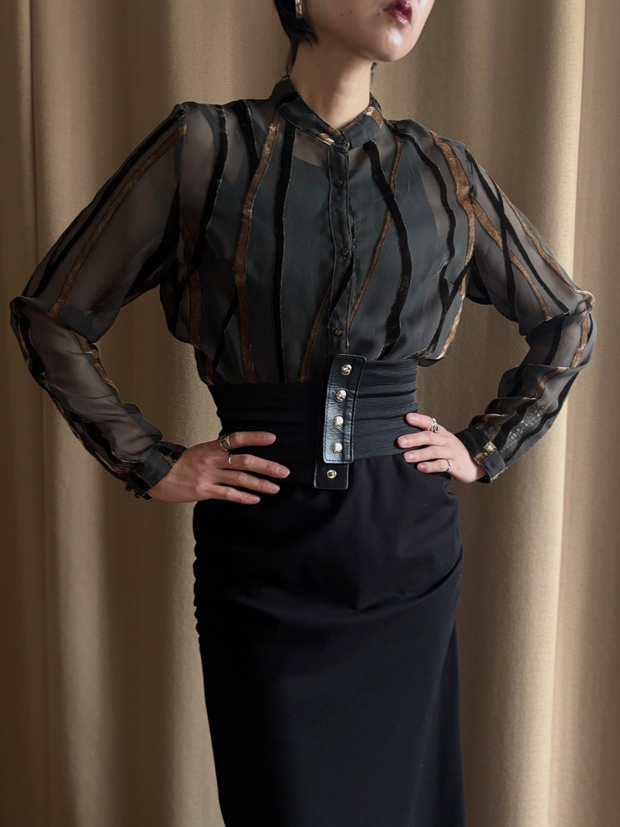 khaki color abstract sheer shirt-5166-2