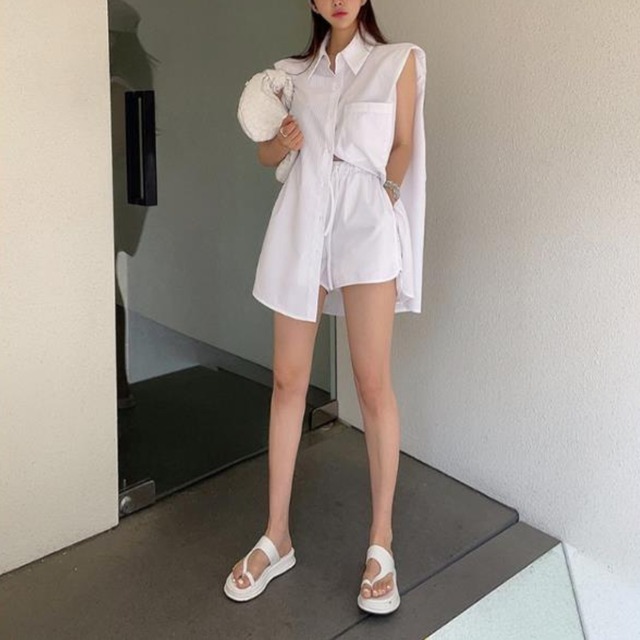 ストライプシャツ ショーツ セットアップ　　a286