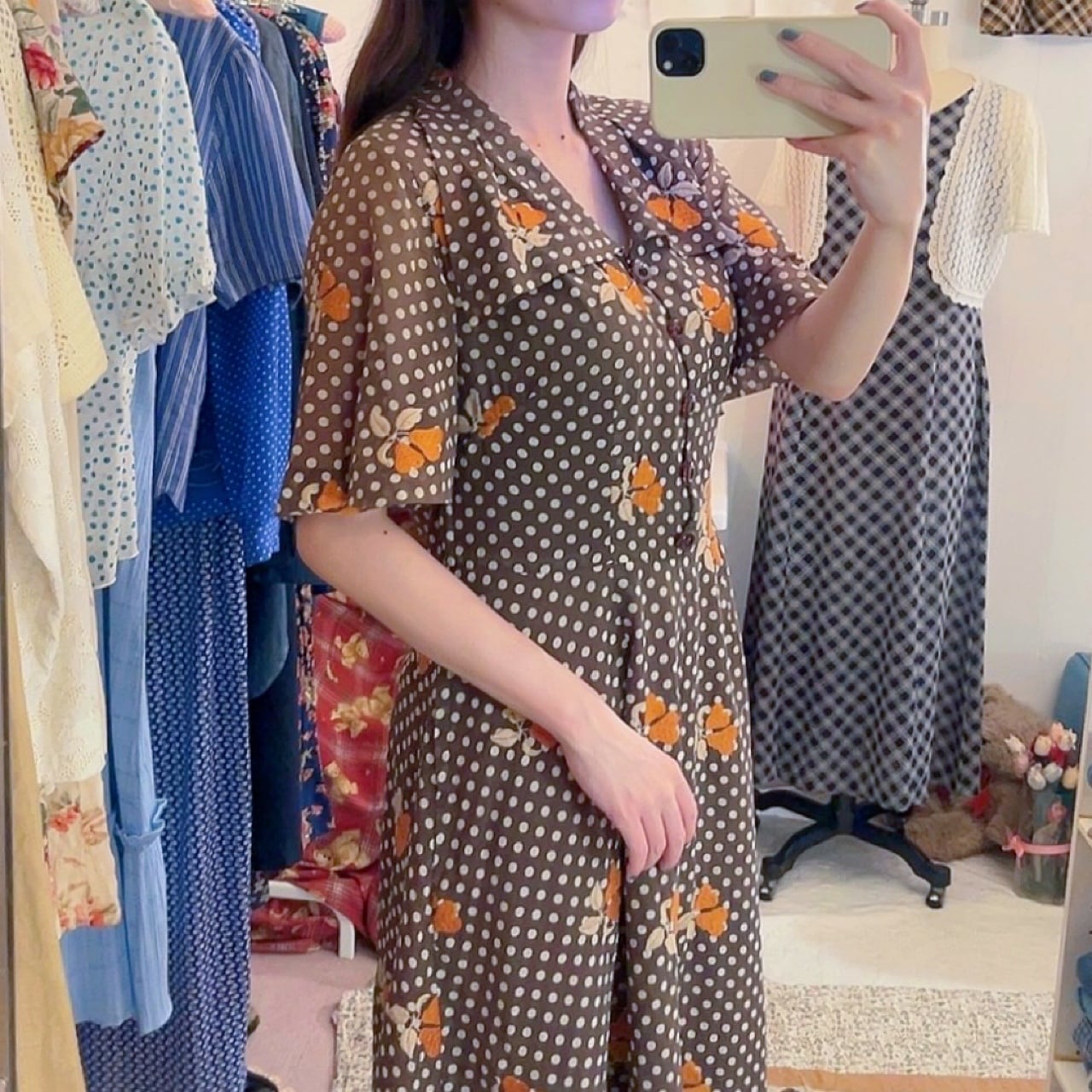 fruit embroidery brown dot one-piece