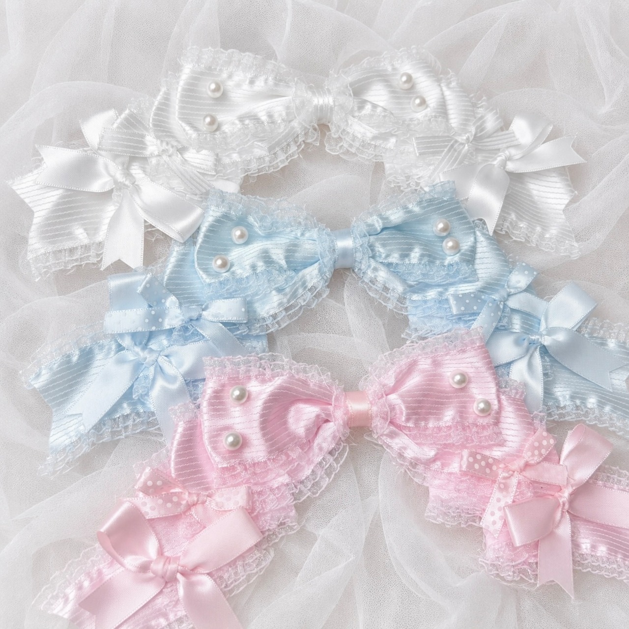♡【全6色】ドーリープリンセス パール＆ドットサテンリボン 2wayヘアクリップカチューシャ black×pink ♡