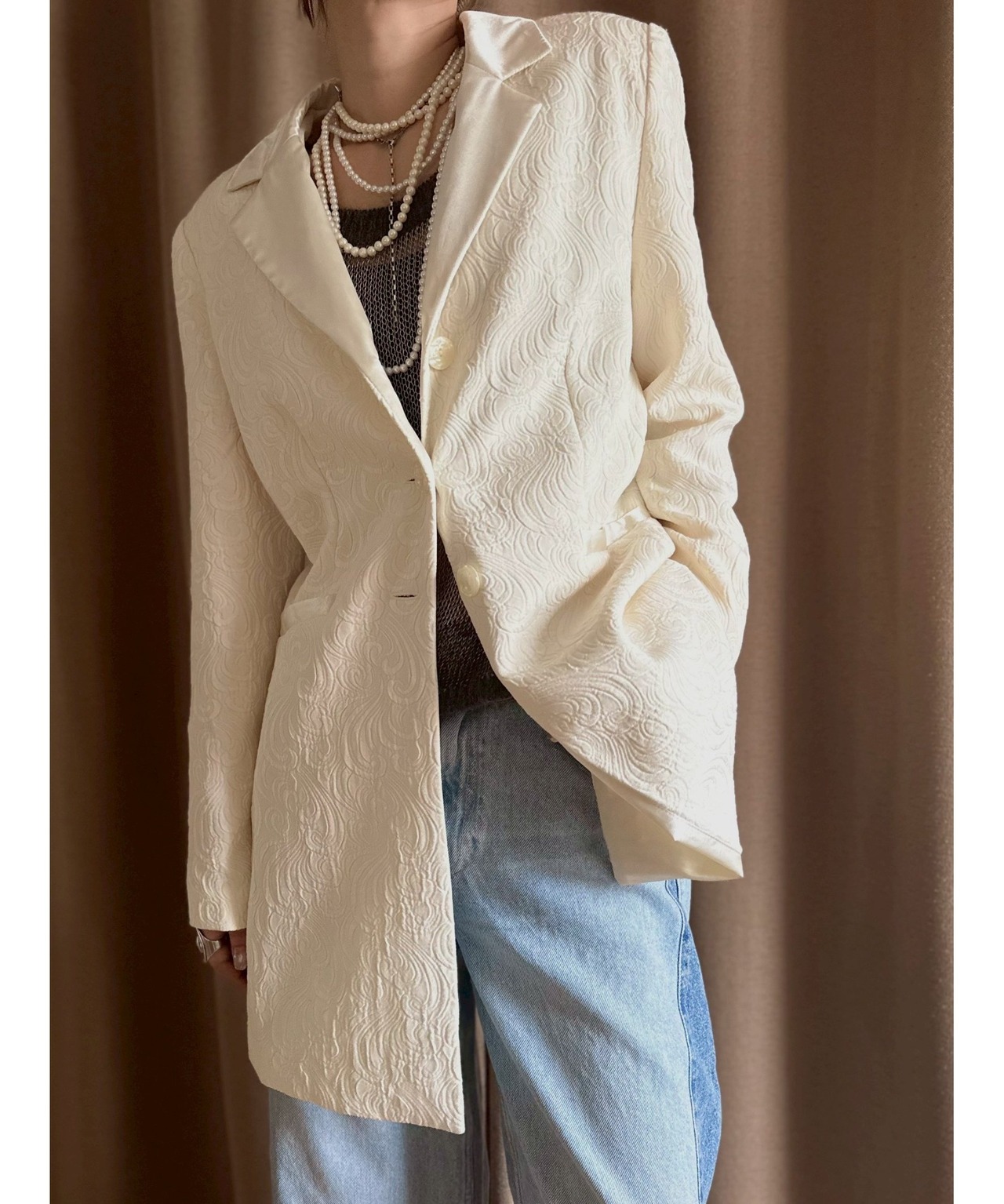 jacquard pattern ivory tailored jacket-4659-5