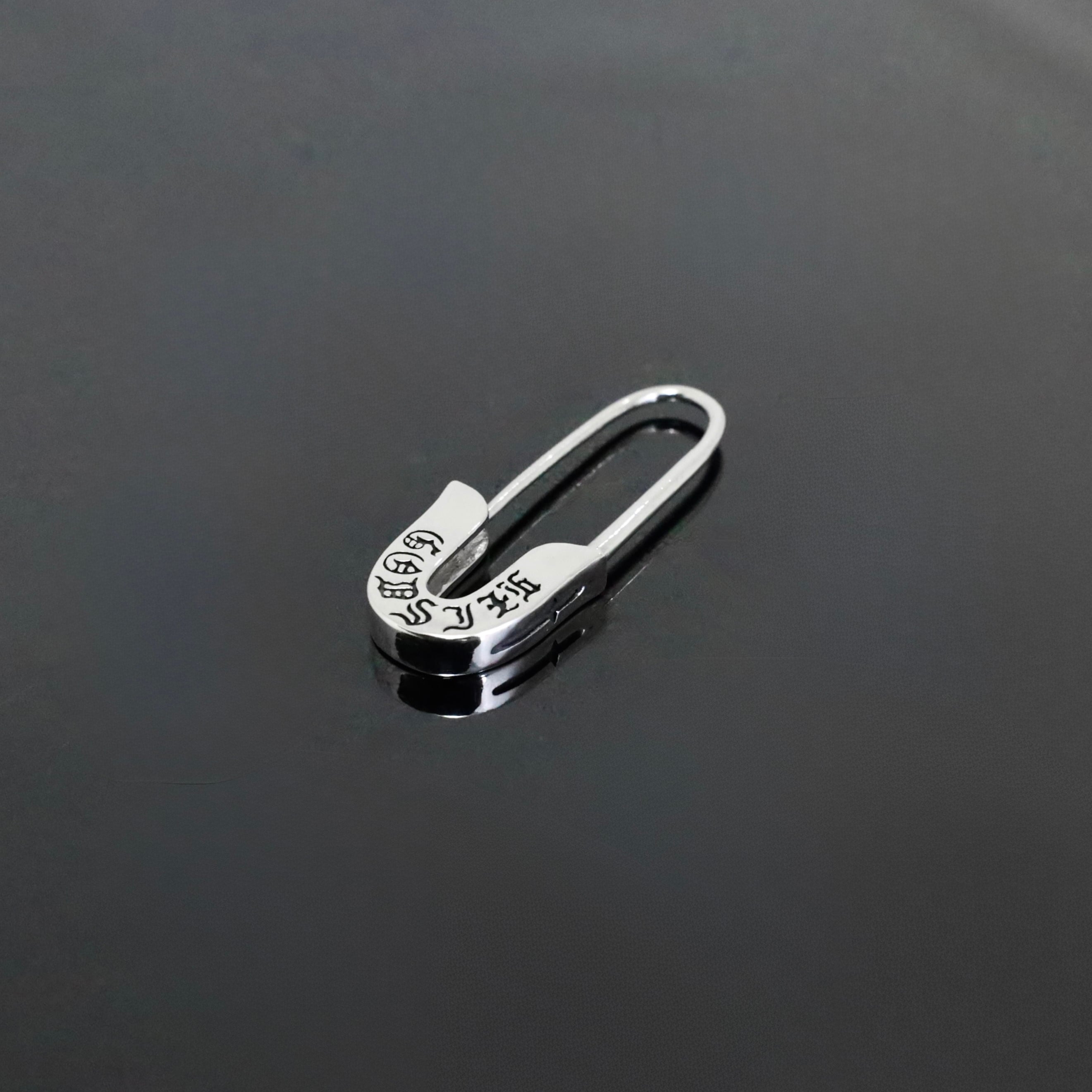 GOTHIC CROSS ENGRAVED SAFETY PIN EARRING with BLACK DIAMOND