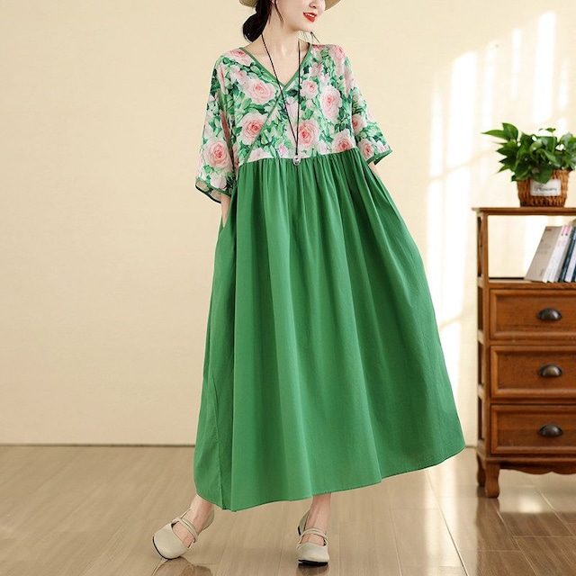 V-NECK FLORAL PRINT CONTRAST MAXI DRESS M-17673