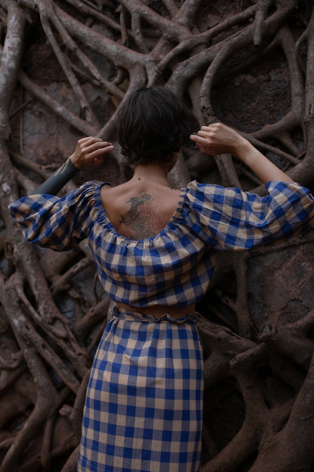 Handloom Cotton Check Off-Shoulder Top