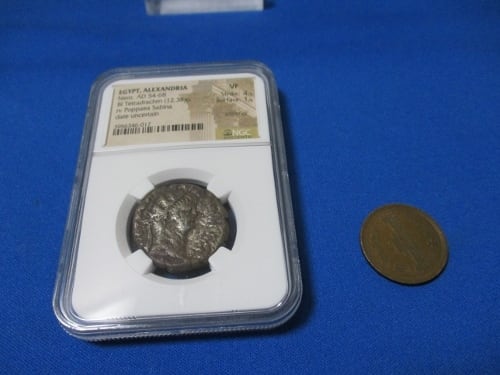 古代ローマ帝国 エジプト属州・ネロ帝＆ポッパエア妃銀貨☆極美品