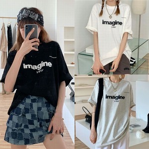 【Tシャツ】 半袖 英字 プリント 韓国ファッション レディース ラウンドネック トップス ゆったり ルーズ 大人カジュアル かわいい ガーリー 623611725802