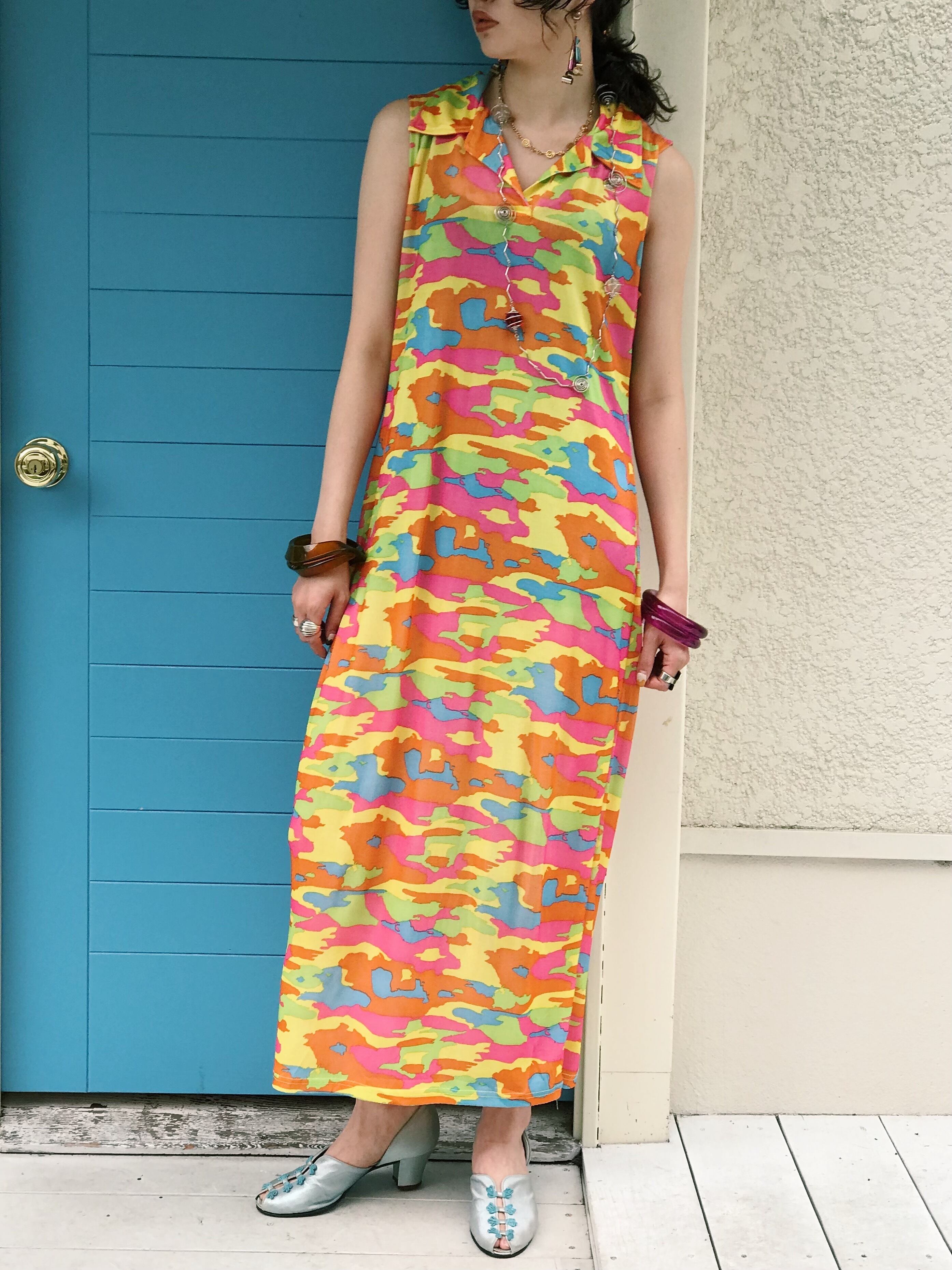 70s multicolor camouflage poly dress ( ヴィンテージ マルチカラー カモフラージュ ポリ ワンピース )
