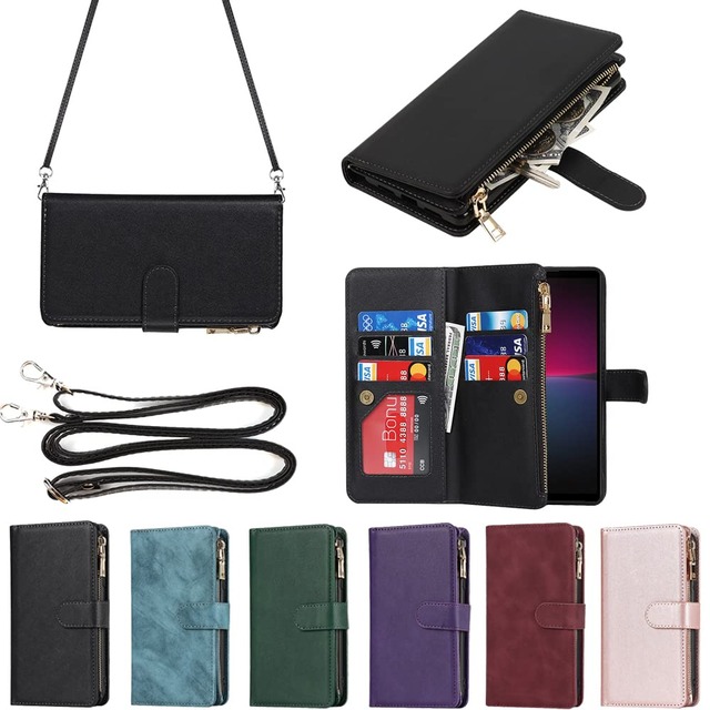 Eastwave for Xperia 10 IV ケース ソニー for Sony エクスペリア 10 IV SO-52C SOG07 縄掛けケース 手帳型 財布型 ICカード コインポケット ストラップ付き カード 収納 小銭入れ ファスナーポケット付き PUレザー 6色 ブラック