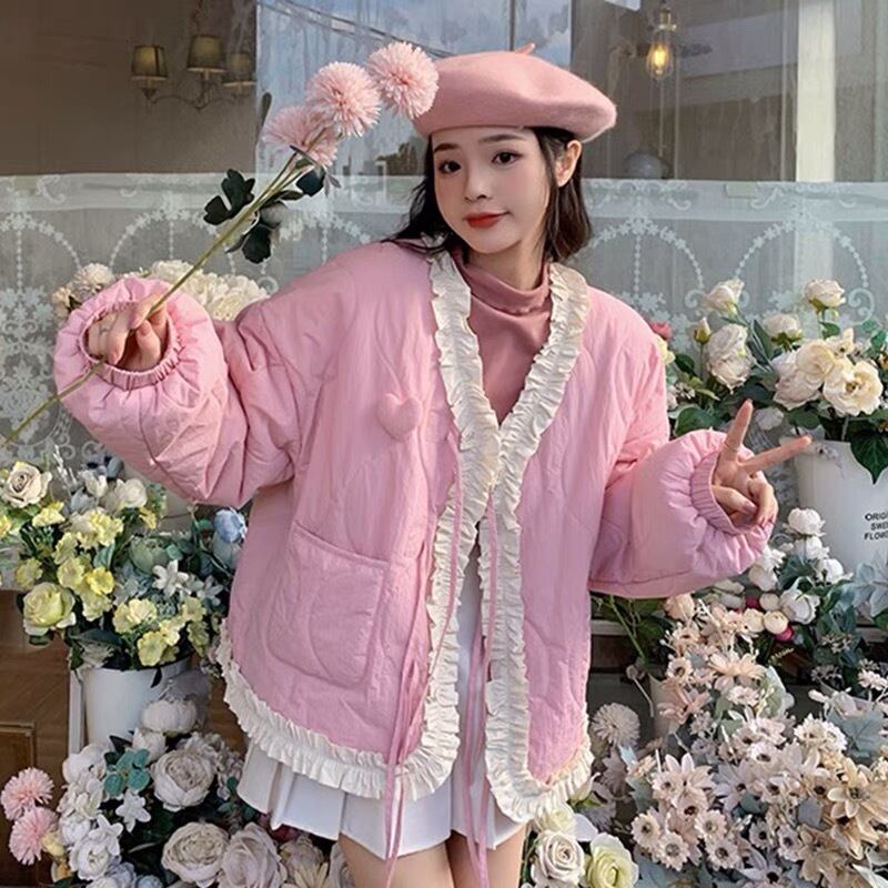 ピンク アウター ダウン ジャケット リボン リボン コート ガーリー