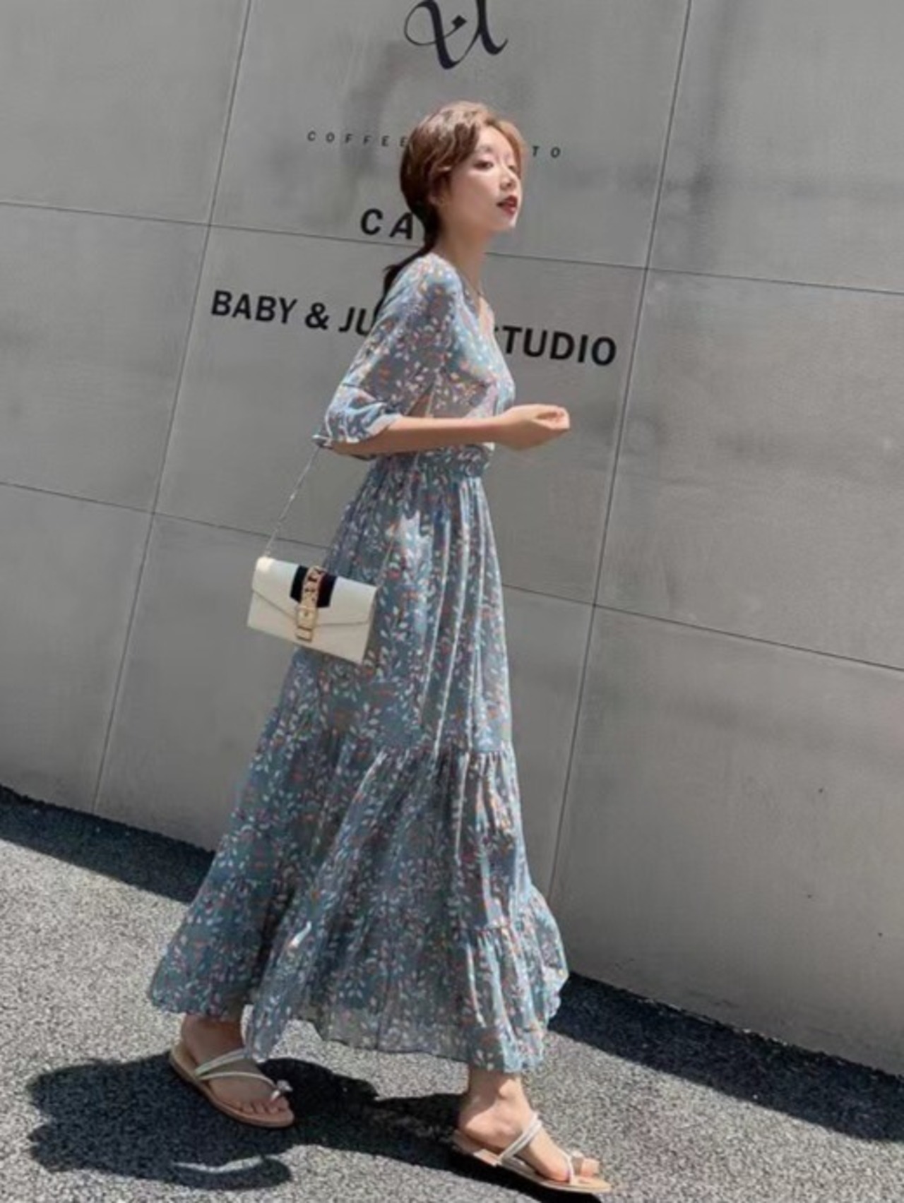 シフォンプリントマキシワンピース D1341